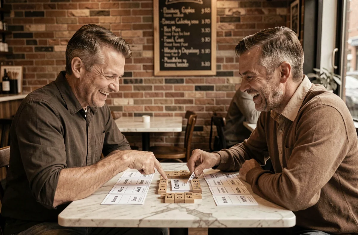Deux hommes jouant à un jeu de mots sémantique dans un café avec des cartes de catégories et des pièces en bois sur une table en marbre