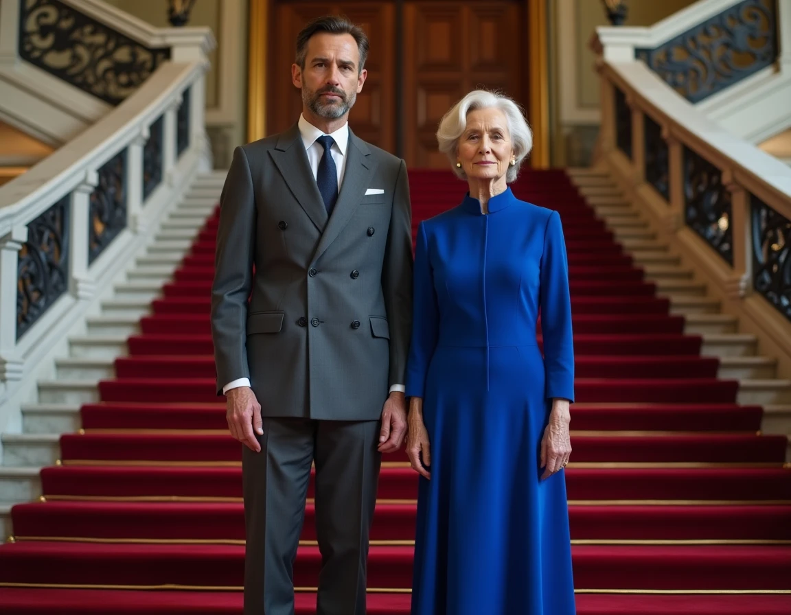 Couple politique en pied sur un grand escalier officiel, différence de hauteur entre l'homme et la femme clairement visible