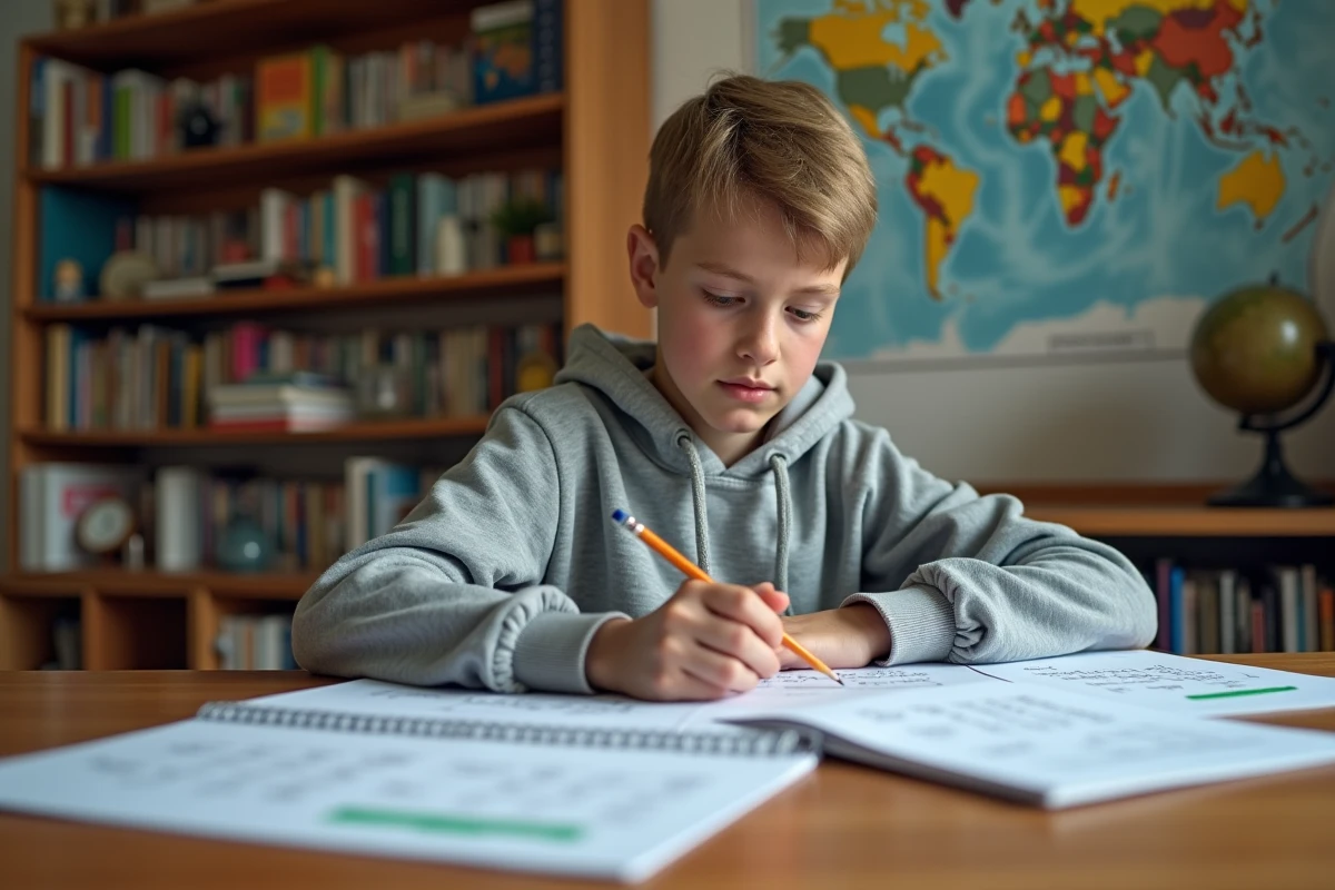 Élève adolescent faisant ses devoirs de maths de conversion kilomètre en miles dans un cahier sur un bureau en bois