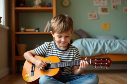 Jeune garçon apprenant la guitare acoustique avec une tablature pour enfants sur le sol de sa chambre