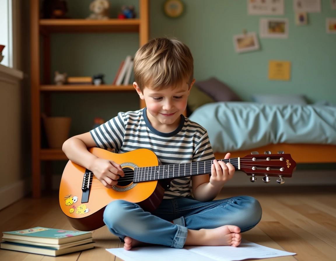 Jeune garçon apprenant la guitare acoustique avec une tablature pour enfants sur le sol de sa chambre