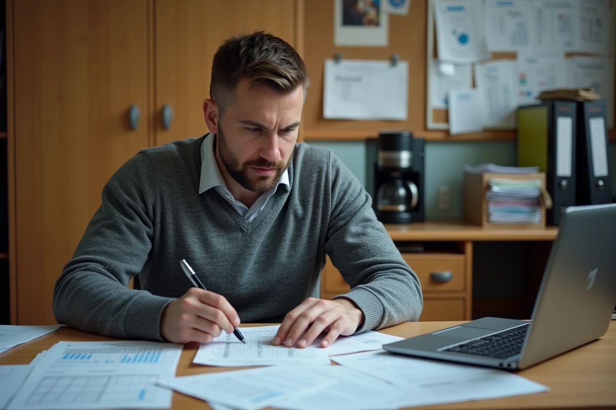 Enseignant certifié analysant une grille de salaire et des fiches de paie dans la salle des professeurs, dans le contexte des revalorisations 2026