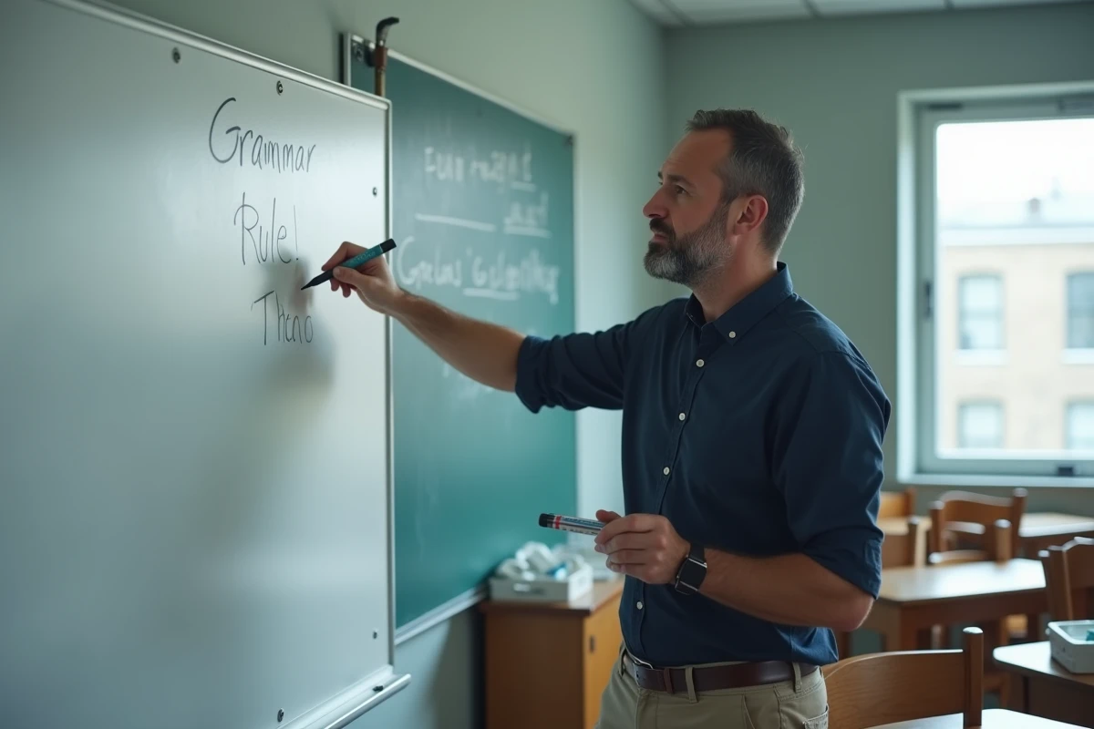 Enseignant expliquant une règle de grammaire française sur un tableau blanc dans une salle de classe