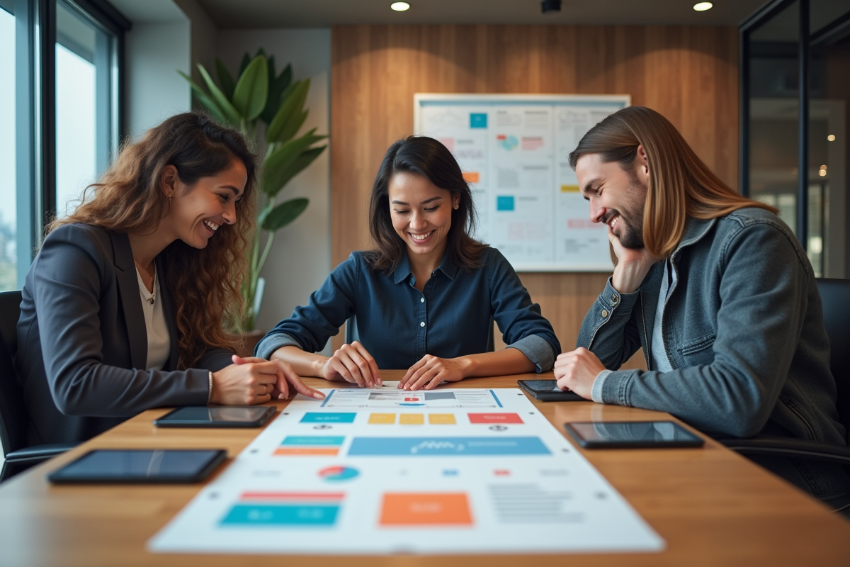 Groupe de trois personnes collaborant autour d