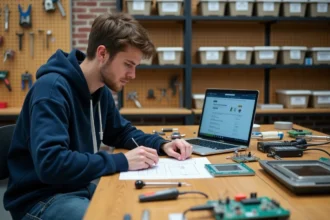 Étudiant maker consultant une liste d'outils électroniques sur un établi de laboratoire universitaire