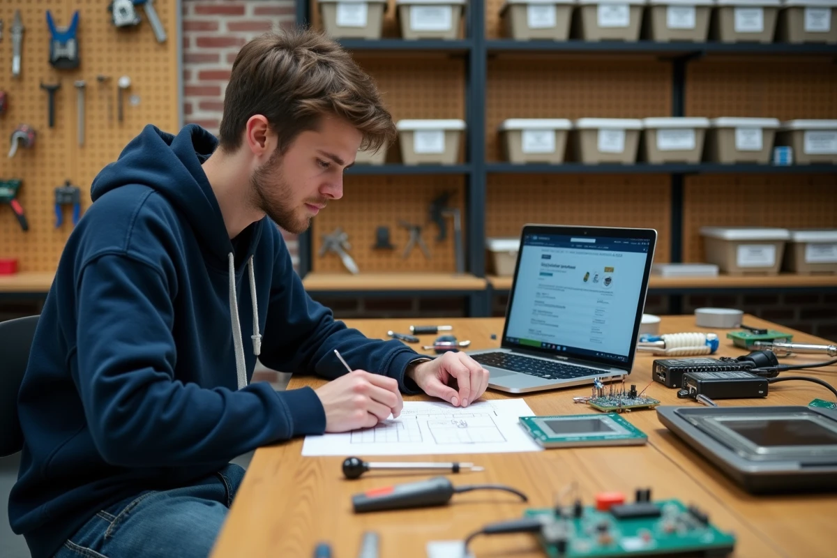 Étudiant maker consultant une liste d'outils électroniques sur un établi de laboratoire universitaire