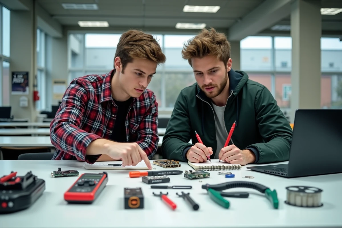Deux étudiants en électronique comparant des outils avec une liste de référence en ligne sur ordinateur portable