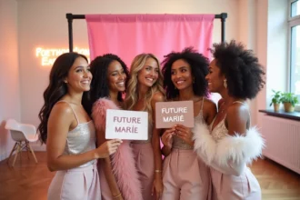 Groupe de femmes en enterrement de vie de jeune fille dans un studio photo booth à Paris avec accessoires festifs