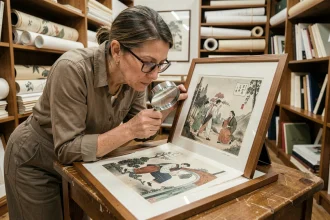 Femme examinant une estampe encadrée de Jean Bille avec une loupe dans une boutique d'art ancienne