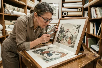 Femme examinant une estampe encadrée de Jean Bille avec une loupe dans une boutique d'art ancienne