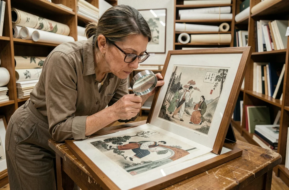 Femme examinant une estampe encadrée de Jean Bille avec une loupe dans une boutique d'art ancienne
