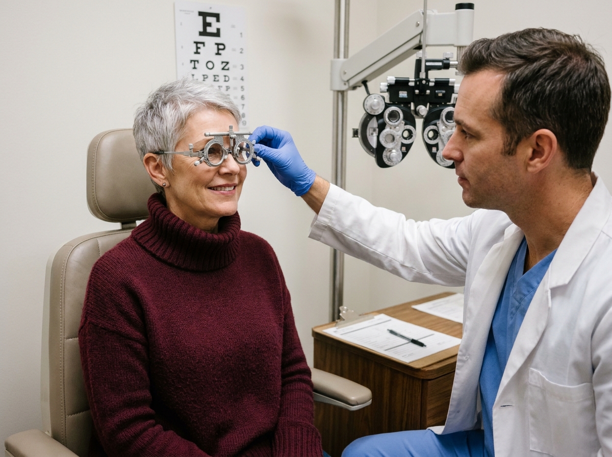 Opticien ajustant une monture d'essai lors d'un examen de vue pour une femme d'âge mûr