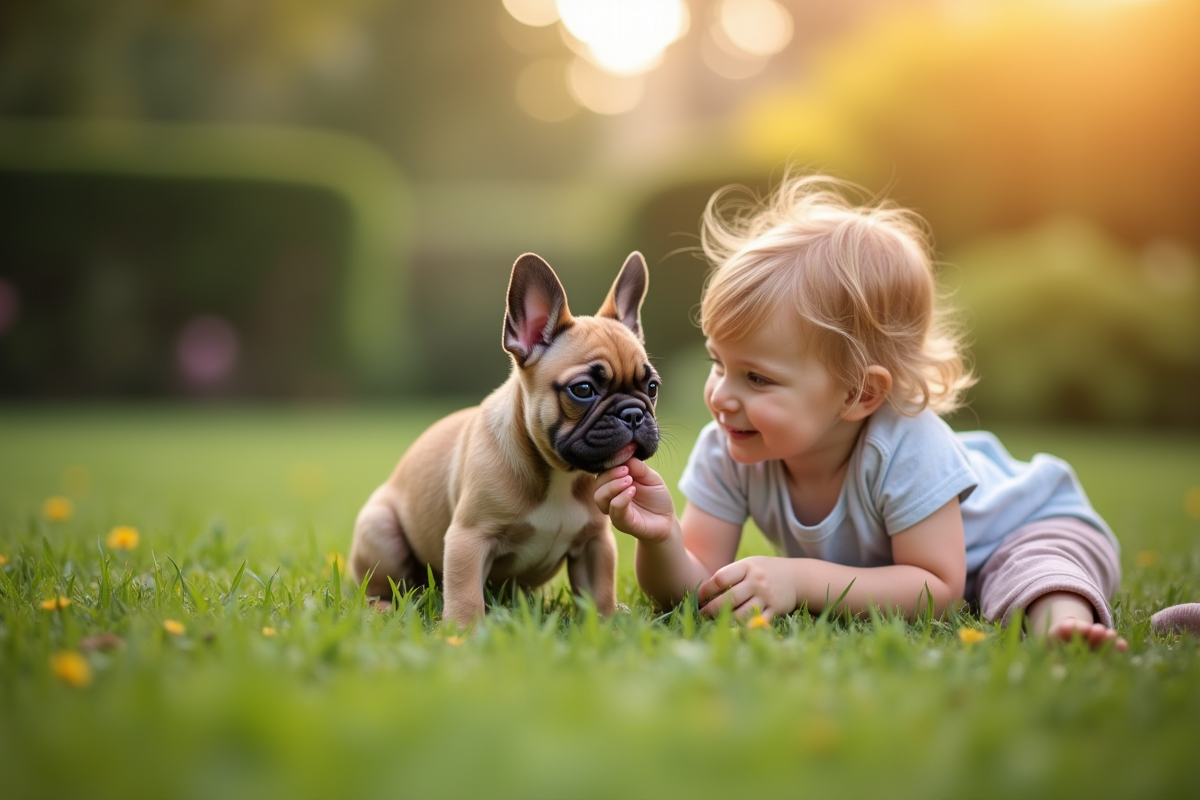 Famille rencontrant leur chiot bulldog français dans le jardin