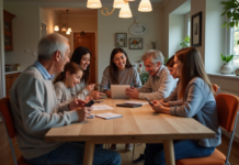 Applications pour organiser une réunion de famille : les meilleures options à utiliser Famille multigenerations autour d'une table avec tablettes