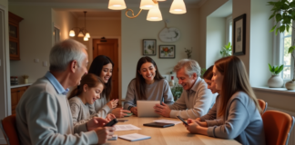 Famille multigenerations autour d'une table avec tablettes