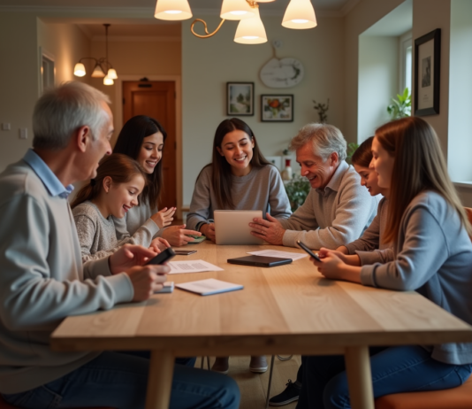 Famille multigenerations autour d'une table avec tablettes