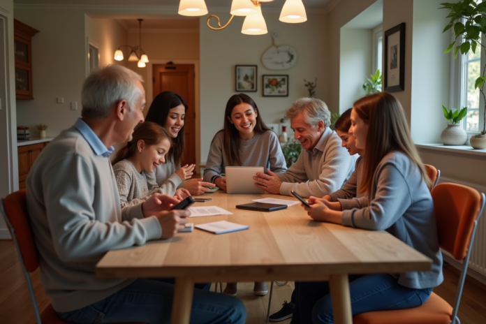 Famille multigenerations autour d'une table avec tablettes