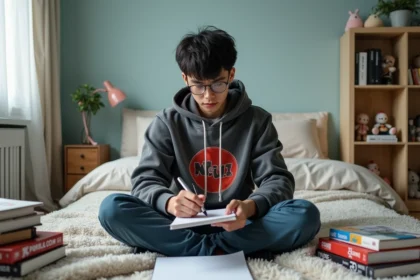 Jeune homme lisant manga dans sa chambre scandinave