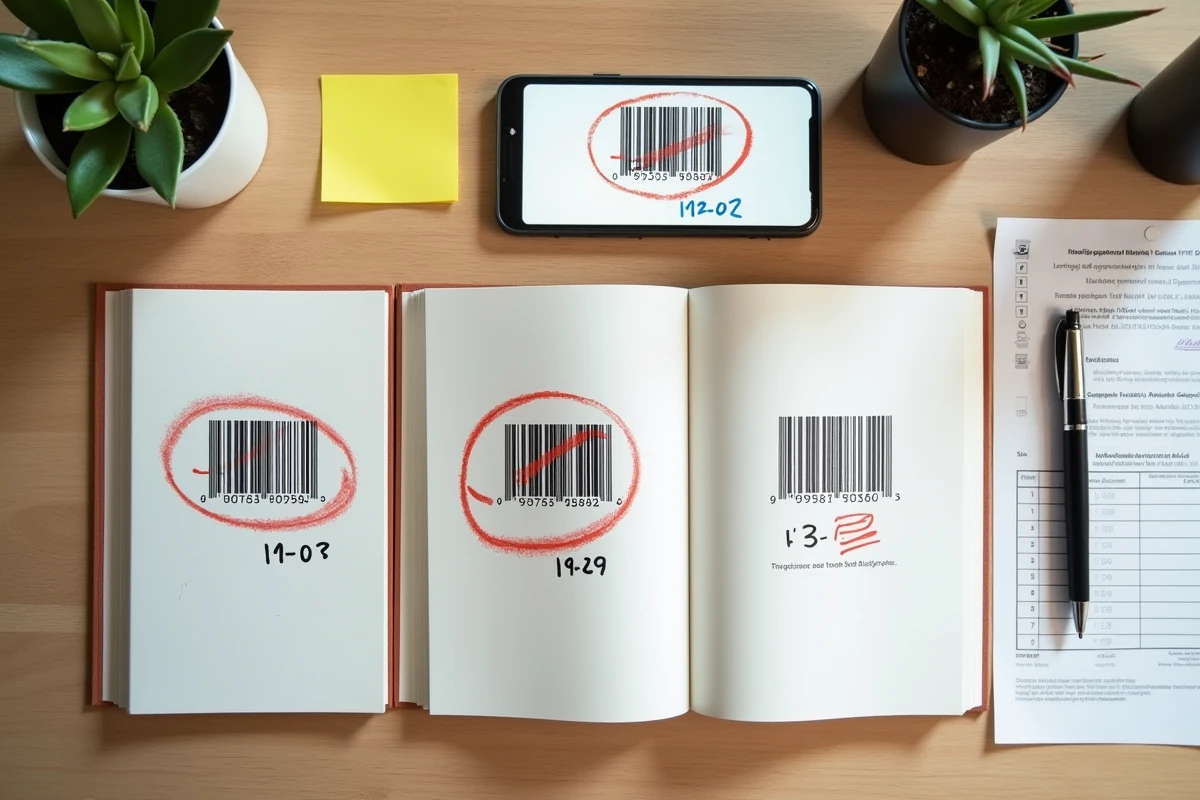 Vue aérienne de livres avec codes-barres ISBN dont un faux numéro est entouré en rouge sur un bureau