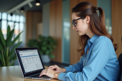 Femme d'affaires regardant des factures numériques sur son ordinateur