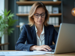 Femme professionnelle analysant des graphiques ETF au bureau