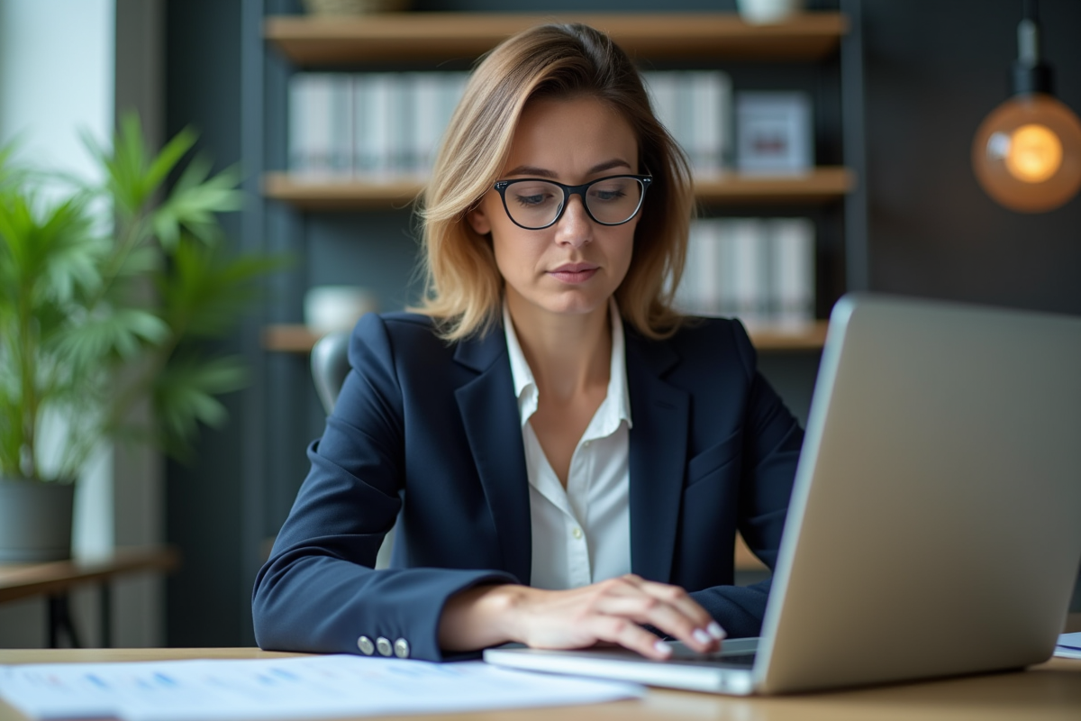 Femme professionnelle analysant des graphiques ETF au bureau