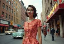 Femme élégante en robe à pois dans une rue animée des années 1950