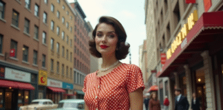 Femme élégante en robe à pois dans une rue animée des années 1950