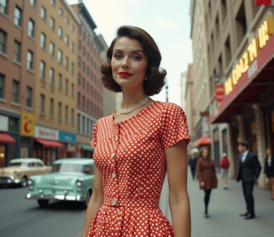 Femme élégante en robe à pois dans une rue animée des années 1950
