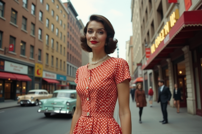 Femme élégante en robe à pois dans une rue animée des années 1950