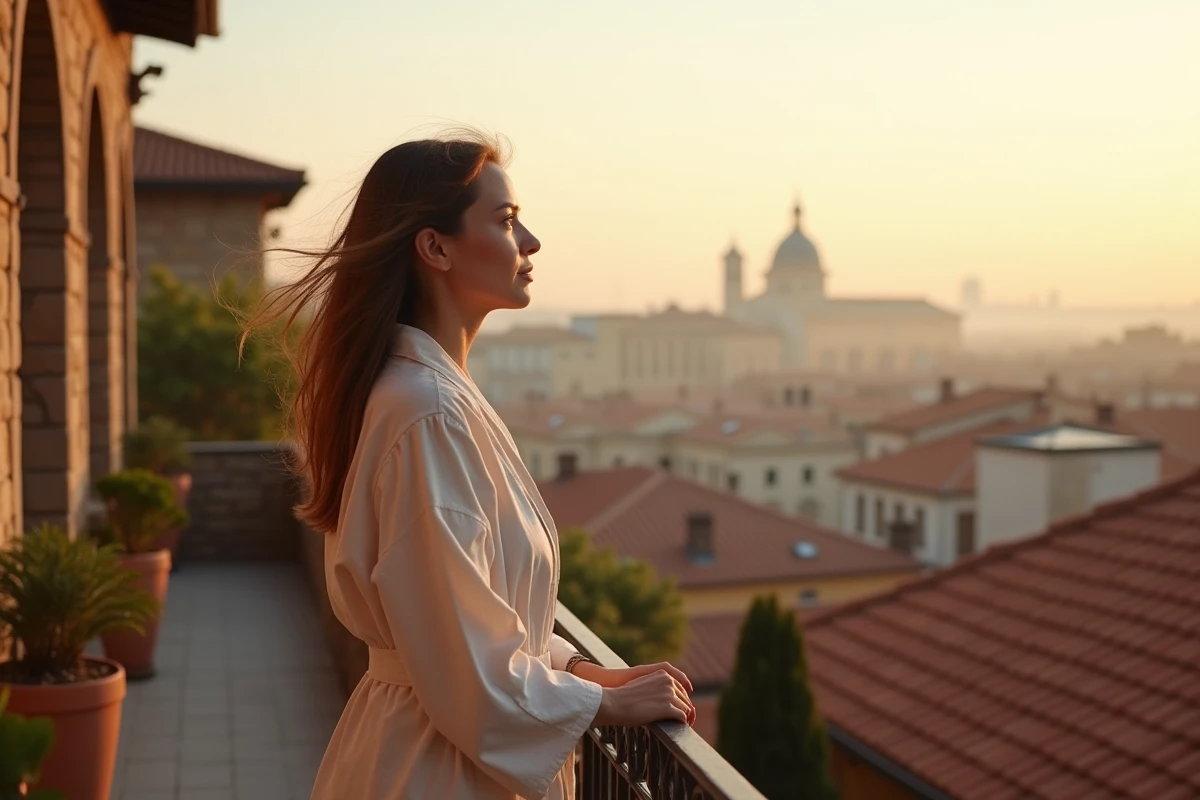 Femme sur un balcon au lever du soleil à 05h55 songeant à une personne aimée face à l'horizon urbain