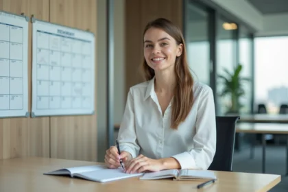 Jeune femme professionnelle note sur un calendrier au bureau
