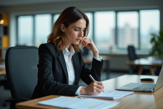 Femme au bureau regardant des feuilles et notes
