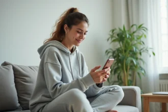 Jeune femme consultant Buzzmax sur son smartphone depuis son canapé au quotidien