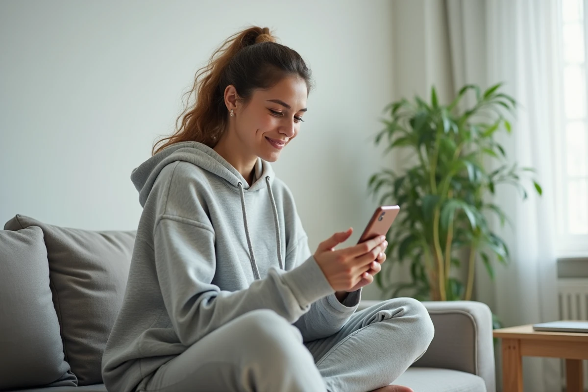 Jeune femme consultant Buzzmax sur son smartphone depuis son canapé au quotidien