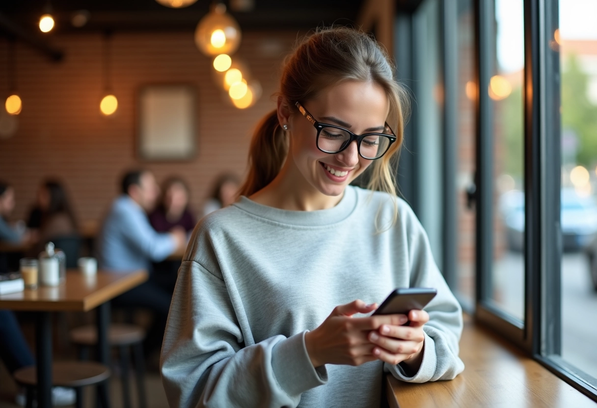 Femme souriante jouant à Worde Louan dans un café animé