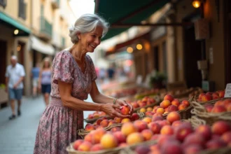 Femme catalane souriante choisissant des pêches au marché