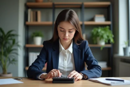 Jeune femme concentrée utilisant une calculatrice dans un bureau moderne