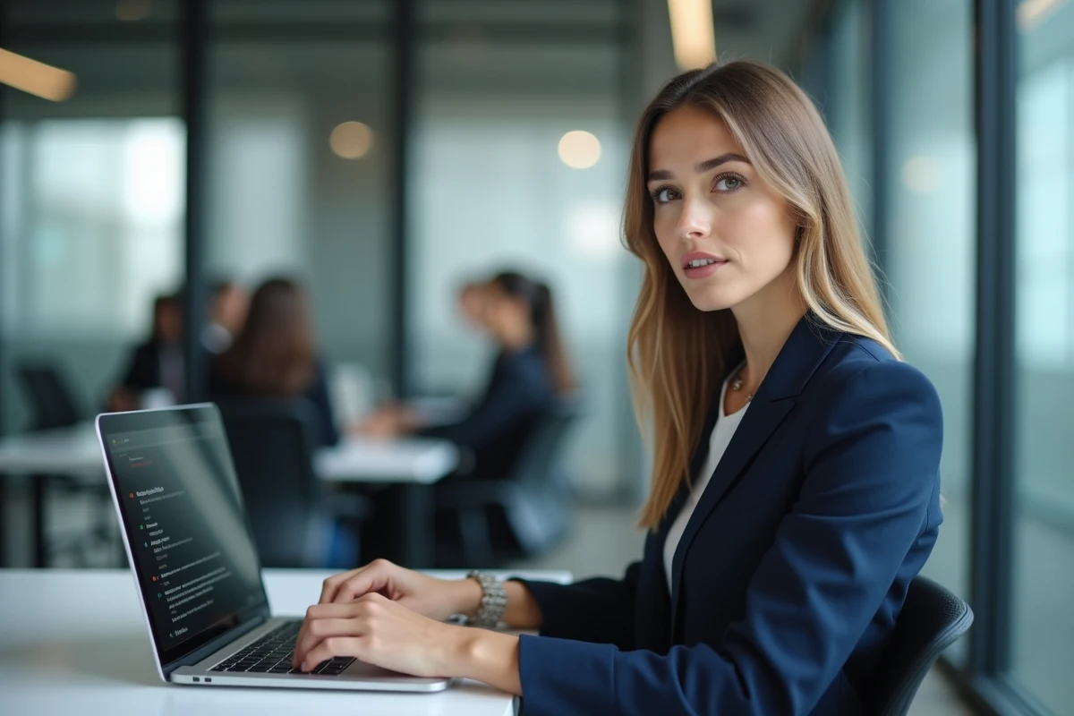 Femme professionnelle configurant les extensions de son navigateur sur un ordinateur portable dans un espace de coworking