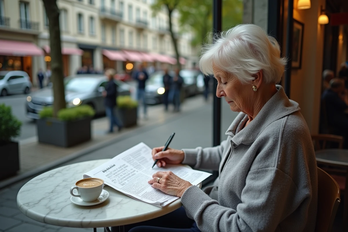 Femme âgée concentrée sur un mots croises dans un café parisien