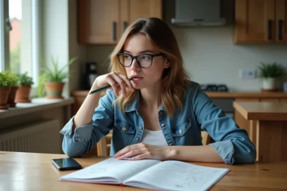 Jeune femme en cuisine avec puzzle et smartphone