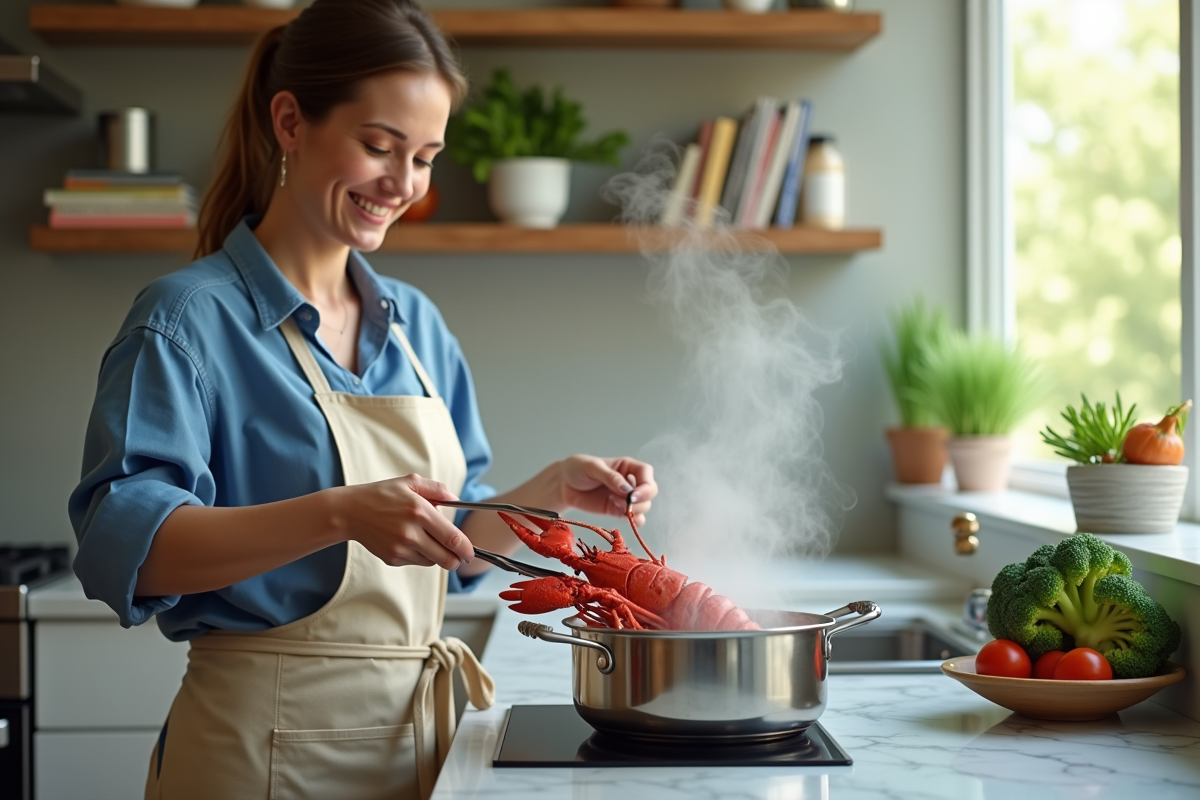 Jeune femme cuisinant un homard dans une cuisine moderne