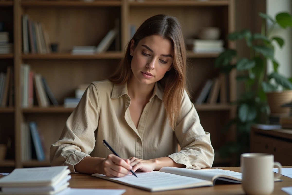 Femme écrivant dans un cahier à son bureau, illustrant la règle d'accord des homophones oes à en français