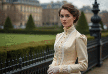 Femme élégante en robe edwardienne dans un parc parisien