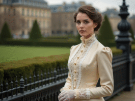 Femme élégante en robe edwardienne dans un parc parisien