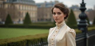 Femme élégante en robe edwardienne dans un parc parisien