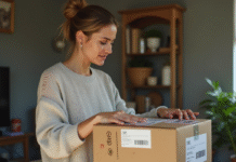 Femme examinant un colis dans un salon modeste
