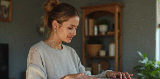 Femme examinant un colis dans un salon modeste