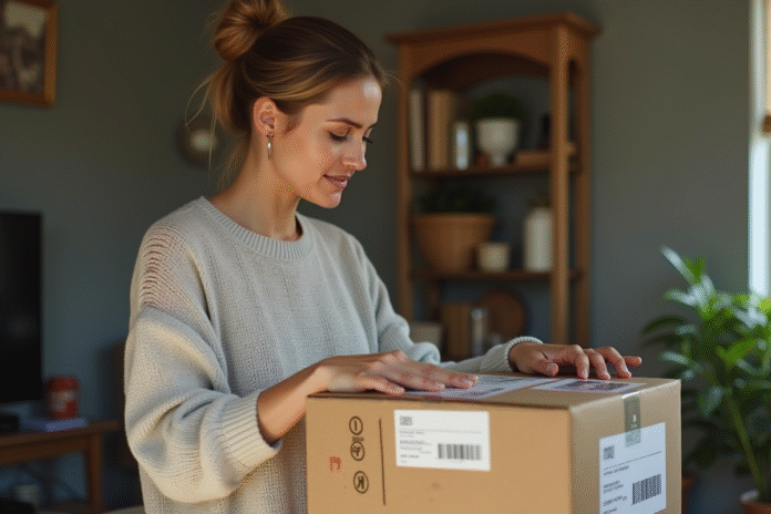 femme-emballage-maison Femme examinant un colis dans un salon modeste