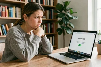 Jeune femme frustrée devant un message d'erreur site introuvable sur son ordinateur portable